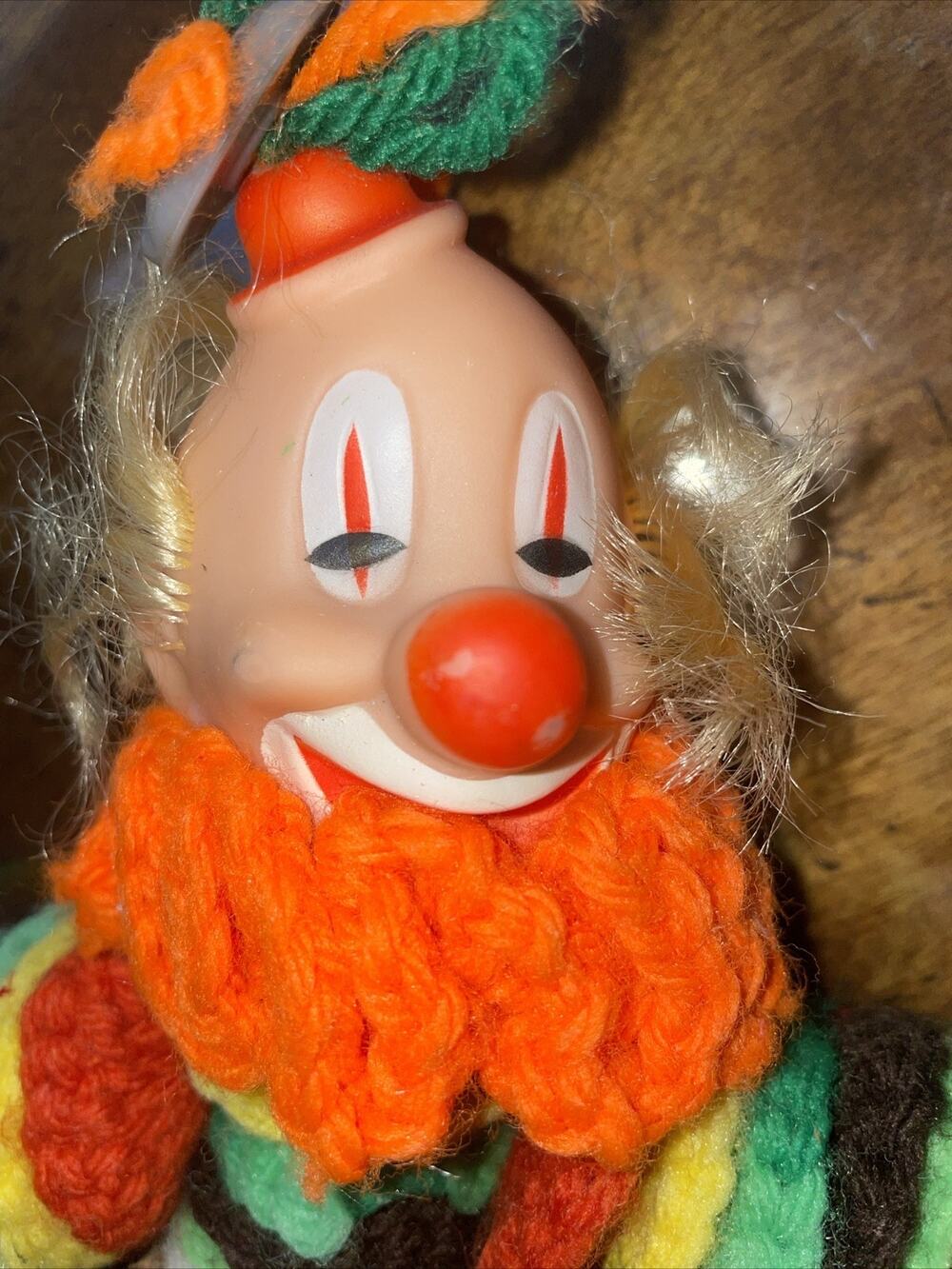 H Vintage Crochet Knit Yarn Clown Doll - 10” - Rainbow - Handmade Doll retro